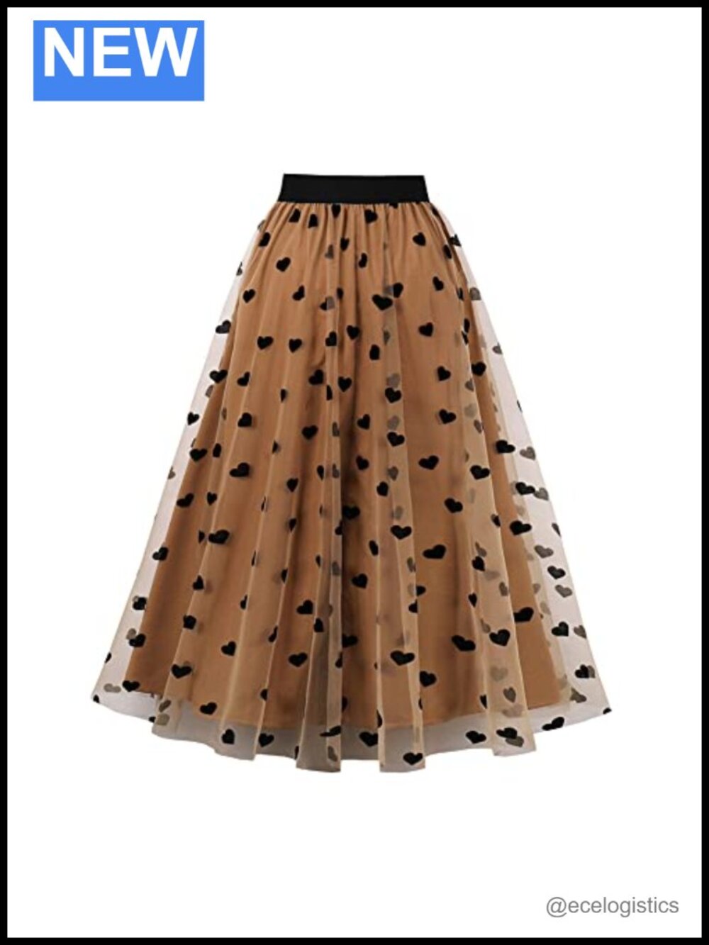 Womens Heart Floral Tulle Midi Skirt Elastic High Waist Pleated A-Line Flared